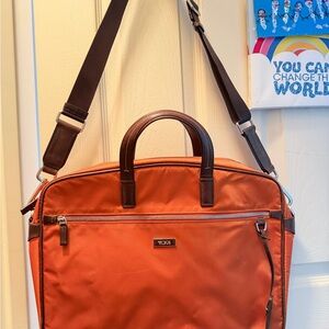 Tumi Orange Nylon Laptop Briefcase with Brown Leather Trim